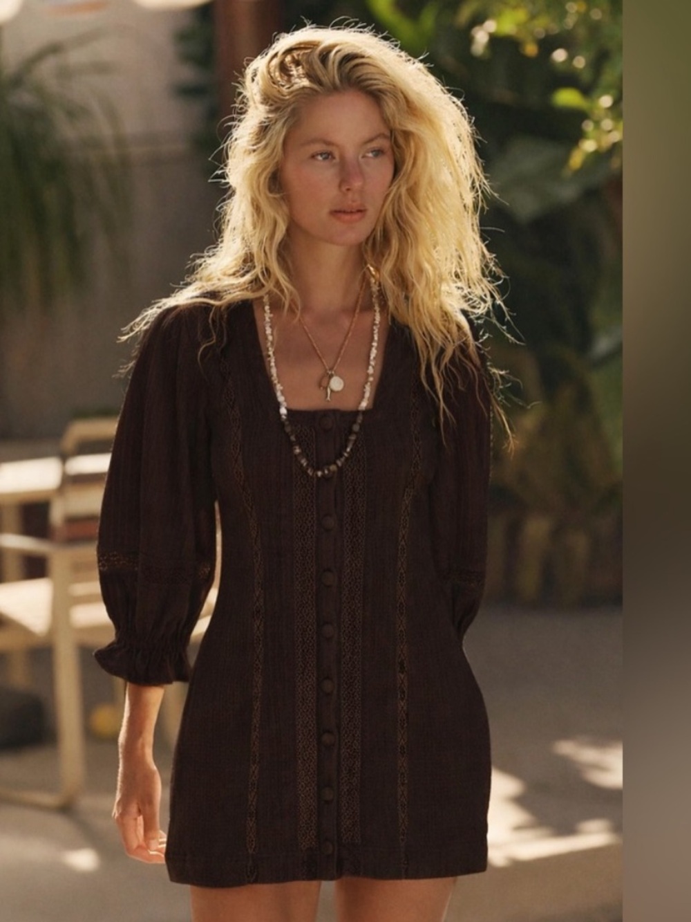 Free People Espresso Brown mini Dress JULES Mini Puff Sleeves, Size XS, NWT